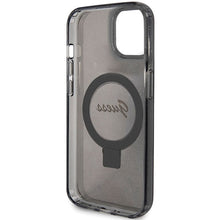 Заредете изображение във визуализатора на галерията – Original faceplate case GUESS GUHMP15MHRSGSK for iPhone 15 Plus (Magsafe / Glitter Script Logo / Ring stand / black)
