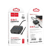 Заредете изображение във визуализатора на галерията – HOCO adapter HUB 4in1 Type C to USB3.0*3+RJ45 Gigabit Ethernet 0,2m HB35 black
