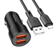 Заредете изображение във визуализатора на галерията – Borofone Car charger BZ19 Wisdom - 2xUSB - 12W with USB to Lightning cable black
