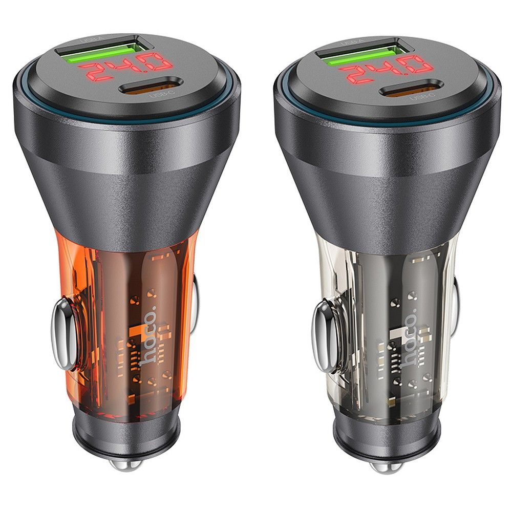 HOCO car charger USB QC 18W + Type C 30W with digital display PD48W NZ12B transparent orange