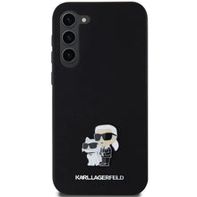 Заредете изображение във визуализатора на галерията – Karl Lagerfeld Silicone Karl&amp;Choupette Metal Pin case for Samsung Galaxy S23+ - black

