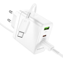 Заредете изображение във визуализатора на галерията – Borofone Wall charger BN12 Manager - USB + 2xType C - PD 65W 3A with Type C to Type C cable white
