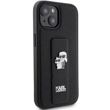 Заредете изображение във визуализатора на галерията – Karl Lagerfeld Gripstand Saffiano Karl&amp;Choupette Pins case for iPhone 15 - black
