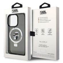 Заредете изображение във визуализатора на галерията – Karl Lagerfeld KLHMP15LHMRSKCK iPhone 15 Pro 6.1" black/black hardcase Ring Stand Karl&amp;Choupette MagSafe
