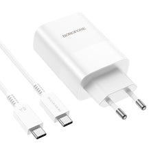 Заредете изображение във визуализатора на галерията – Borofone Wall charger BN10 Sunlight - USB + Type C - QC 3.0 PD 65W with Type C to Type C cable white
