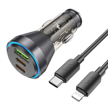 Заредете изображение във визуализатора на галерията – HOCO car charger USB QC 18W + 2 x Type C 30W + cable Type C for Iphone PD60W NZ12D transparent black
