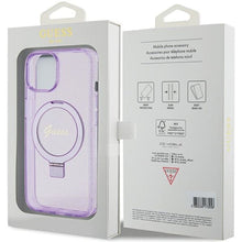 Заредете изображение във визуализатора на галерията – Original faceplate case GUESS GUHMP15MHRSGSU for iPhone 15 Plus (Magsafe / Glitter Script Logo / Ring stand / purple)
