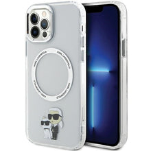 Заредете изображение във визуализатора на галерията – Original Pouch KARL LAGERFELD hardcase Iconic Karl&amp;Choupette Magsafe KLHMP12MHNKCIT for Iphone 12/12 Pro Transparent
