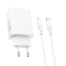 Заредете изображение във визуализатора на галерията – Borofone Wall charger BN16 Tough - USB + Type C - PD 45W 3A with Type C to Lightning cable white
