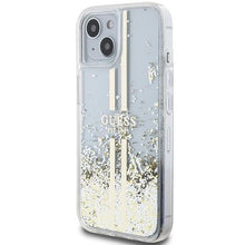 Заредете изображение във визуализатора на галерията – Original faceplate case GUESS GUHCP15MLFCSEGT for iPhone 15 Plus (Liquid Glitter Gold Stripes / transparent)
