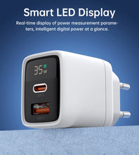 Заредете изображение във визуализатора на галерията – Choetech PD6052 USB-C USB-A PD 35W GaN wall charger with display - white
