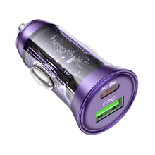 Заредете изображение във визуализатора на галерията – Borofone Car charger BZ26A Shadow - USB + Type C - PD 43W 3A transparent-purple
