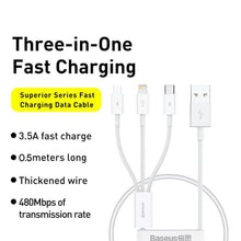 Заредете изображение във визуализатора на галерията – BASEUS cable 3in1 Flash Series II USB A to Micro + Lightning 8-pin + Type C 3,5A 0,5m white P10320105221-01
