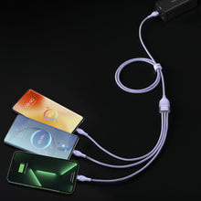 Заредете изображение във визуализатора на галерията – Baseus Flash Series Ⅱ 3in1 Cable with Fast Charging USB-A to USB-C / Micro-USB / Lightning 66W 480Mb/s 1.2m Purple
