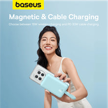 Заредете изображение във визуализатора на галерията – Baseus Magnetic Mini MagSafe 10000mAh 30W powerbank with built-in Lightning cable - blue + Baseus Simple Series USB-C - USB-C 60W 0.3m cable
