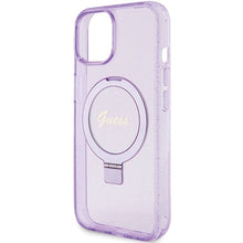 Заредете изображение във визуализатора на галерията – Original faceplate case GUESS GUHMP15MHRSGSU for iPhone 15 Plus (Magsafe / Glitter Script Logo / Ring stand / purple)
