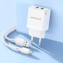 Заредете изображение във визуализатора на галерията – Borofone Wall charger BN15 Strong - 2xUSB - 2,1A with USB to Micro USB cable white
