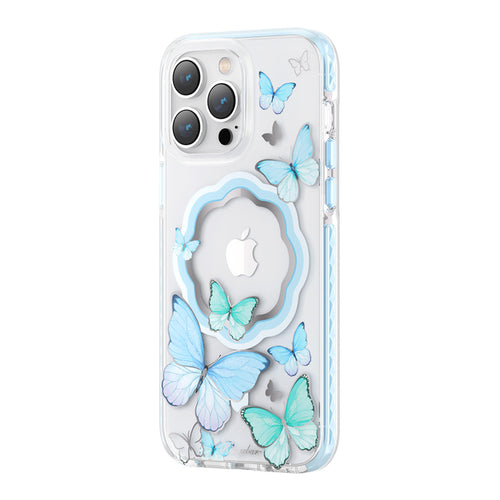 Kingxbar Butterfly Series magnetic case for iPhone 14 Pro Max MagSafe case with butterflies blue