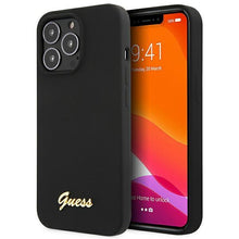 Заредете изображение във визуализатора на галерията – Guess GUHCP13XLSLMGBK iPhone 13 Pro Max 6.7" black/black hardcase Silicone Script Gold Logo
