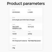Заредете изображение във визуализатора на галерията – Joyroom USB wall charger 2,1 A white (L-1A101)

