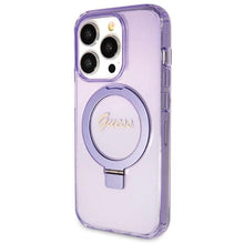 Заредете изображение във визуализатора на галерията – Guess Ring Stand Script Glitter MagSafe case for iPhone 14 Pro Max - purple
