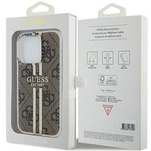 Заредете изображение във визуализатора на галерията – Original faceplate case GUESS GUHCP15MH4PSEGW for iPhone 15 Pro (4G Gold  Stripe / brown)
