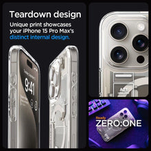 Заредете изображение във визуализатора на галерията – Spigen Ultra Hybrid Mag case with MagSafe for iPhone 15 Pro Max - natural titanium (Zero One pattern)
