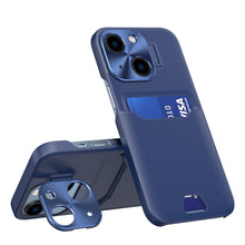 Заредете изображение във визуализатора на галерията – Leather Stand Case for iPhone 14 cover card wallet with stand blue
