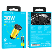 Заредете изображение във визуализатора на галерията – Borofone Car charger BZ26 Searcher - Typ C - PD 30W 3A with Type C to Lightning cable yellow
