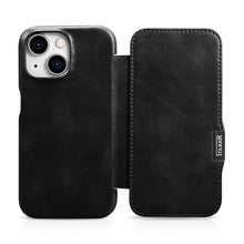 Заредете изображение във визуализатора на галерията – MagSafe Compatible Leather Flip Case for iPhone 15 iCarer Curved Edge Oil Wax Real Leather Folio Case - Black
