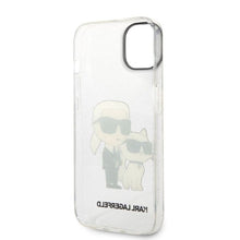 Заредете изображение във визуализатора на галерията – Original Pouch KARL LAGERFELD Gliter Karl&amp;Choupette KLHCP14SHNKCTGT for Iphone 14 transparent
