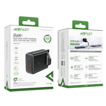 Заредете изображение във визуализатора на галерията – Acefast GaN charger (UK plug) 2x USB Type C 50W, Power Delivery, PPS, Q3 3.0, AFC, FCP black (A32 UK) - TopMag
