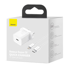 Заредете изображение във визуализатора на галерията – Baseus Super Si Quick Charger 1C 20W UK Sets White（With Superior Series Fast Charging Data Cable Type-C to iP PD 20W 1m White) - TopMag

