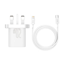 Заредете изображение във визуализатора на галерията – Baseus Super Si Quick Charger 1C 20W UK Sets White（With Superior Series Fast Charging Data Cable Type-C to iP PD 20W 1m White) - TopMag
