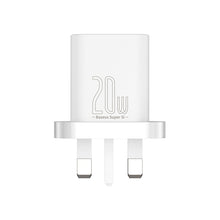 Заредете изображение във визуализатора на галерията – Baseus Super Si Quick Charger 1C 20W UK Sets White（With Superior Series Fast Charging Data Cable Type-C to iP PD 20W 1m White) - TopMag
