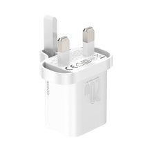 Заредете изображение във визуализатора на галерията – Baseus Super Si Quick Charger 1C 20W UK Sets White（With Superior Series Fast Charging Data Cable Type-C to iP PD 20W 1m White) - TopMag
