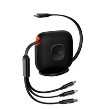 Заредете изображение във визуализатора на галерията – Baseus Traction Series Retractable 3-in-1 Fast Charging Cable Desktop Organizer Type-C to M+L+C 100W 1.7m Black - TopMag
