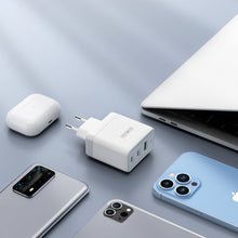 Заредете изображение във визуализатора на галерията – Duzzona 3-port GaN charger 2 x USB Type C + USB 65W PD QC3.0 white (T1) - TopMag
