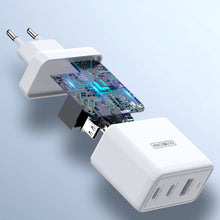 Заредете изображение във визуализатора на галерията – Duzzona 3-port GaN charger 2 x USB Type C + USB 65W PD QC3.0 white (T1) - TopMag
