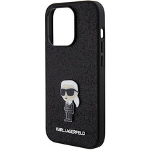 Заредете изображение във визуализатора на галерията – Karl Lagerfeld Fixed Glitter Ikonik Logo Metal Pin Case for iPhone 15 Pro Max - Black
