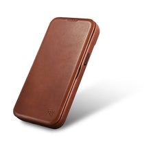 Заредете изображение във визуализатора на галерията – iCarer CE Oil Wax Premium Leather Folio Case Leather Case for iPhone 14 Flip Magnetic MagSafe Brown (AKI14220705-BN) - TopMag
