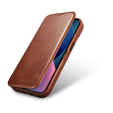 Заредете изображение във визуализатора на галерията – iCarer CE Oil Wax Premium Leather Folio Case Leather Case for iPhone 14 Flip Magnetic MagSafe Brown (AKI14220705-BN) - TopMag
