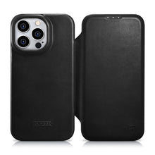 Заредете изображение във визуализатора на галерията – iCarer CE Oil Wax Premium Leather Folio Case Leather Case for iPhone 14 Pro Flip Magnetic MagSafe Black (AKI14220706-BK) - TopMag
