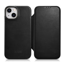Заредете изображение във визуализатора на галерията – iCarer CE Oil Wax Premium Leather Folio Case Leather Case for iPhone 14 Plus Flip Magnetic MagSafe Black (AKI14220707-BK) - TopMag
