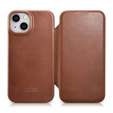 Заредете изображение във визуализатора на галерията – iCarer CE Oil Wax Premium Leather Folio Case Leather Case for iPhone 14 Plus magnetic flip MagSafe brown (AKI14220707-BN) - TopMag
