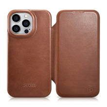 Заредете изображение във визуализатора на галерията – iCarer CE Oil Wax Premium Leather Folio Case Leather Case for iPhone 14 Pro Max Flip Magnetic MagSafe Brown (AKI14220708-BN) - TopMag
