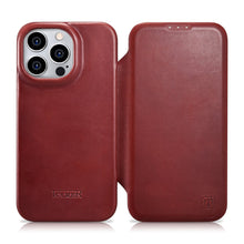 Заредете изображение във визуализатора на галерията – iCarer CE Oil Wax Premium Leather Folio Case Leather Case for iPhone 14 Pro Max Flip Magnetic MagSafe Red (AKI14220708-RD) - TopMag
