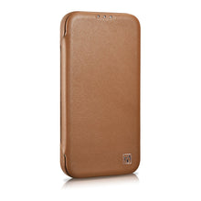 Заредете изображение във визуализатора на галерията – iCarer CE Premium Leather Folio Case for iPhone 14 Pro Flip Magnetic MagSafe Brown (WMI14220714-BN) - TopMag
