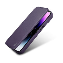 Заредете изображение във визуализатора на галерията – iCarer CE Premium Leather Folio Case iPhone 14 Plus Flip Magnetic MagSafe Leather Case Dark Purple (WMI14220715-DP) - TopMag
