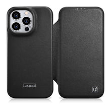 Заредете изображение във визуализатора на галерията – iCarer CE Premium Leather Folio Case for iPhone 14 Pro Max Flip Magnetic MagSafe Black (WMI14220716-BK) - TopMag
